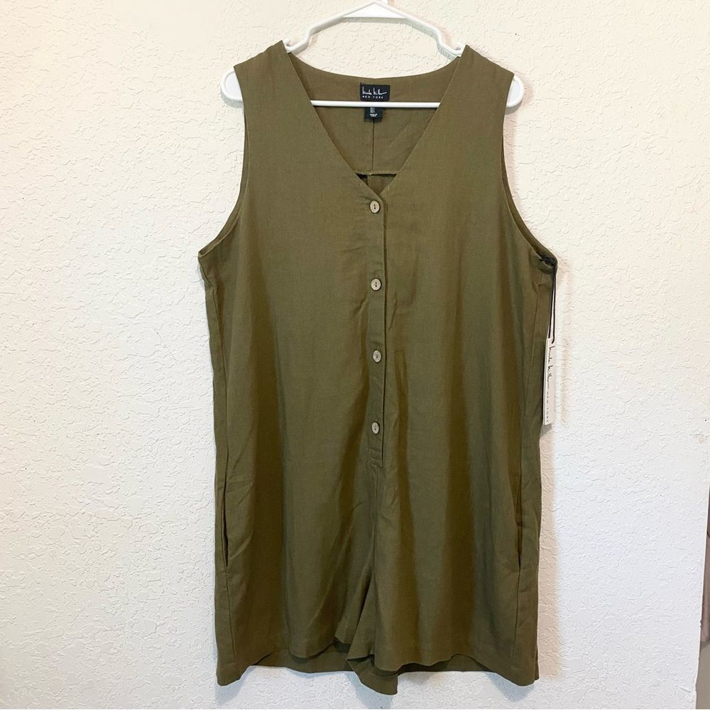Nicole Miller 100% Linen V-Neck Button with Pockets Romper Green size Large